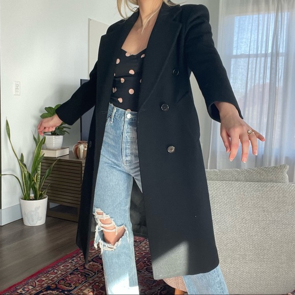 Black Wool Coat Vintage Long Jacket Double Breasted Collared by Jones New York S - Picture 7 of 9